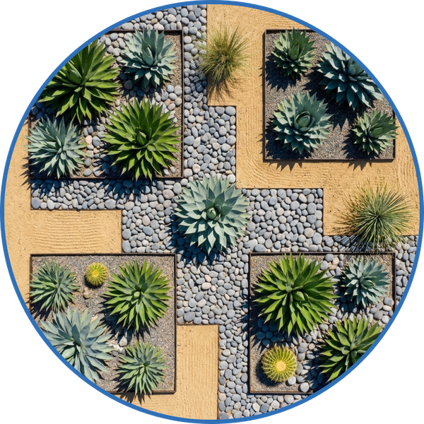 Custom desert landscape design featuring agave, river rocks, and neat garden beds.