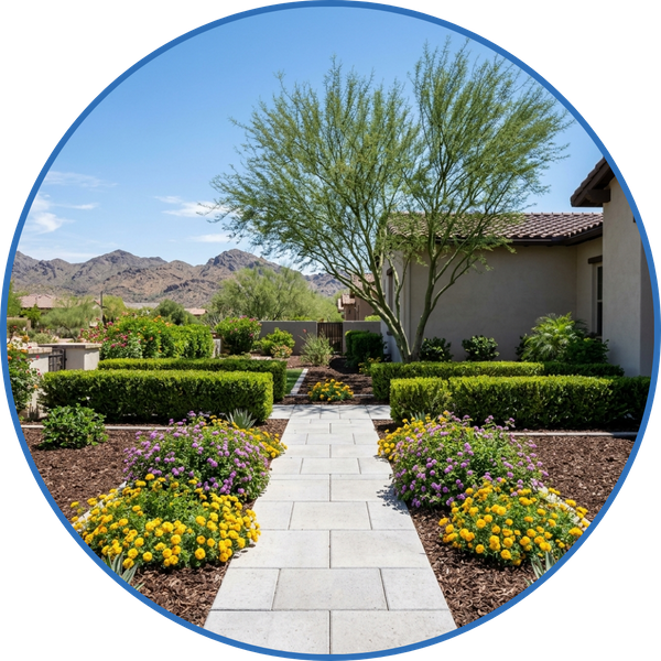 Neatly manicured front yard with trimmed hedges and flowering plants.