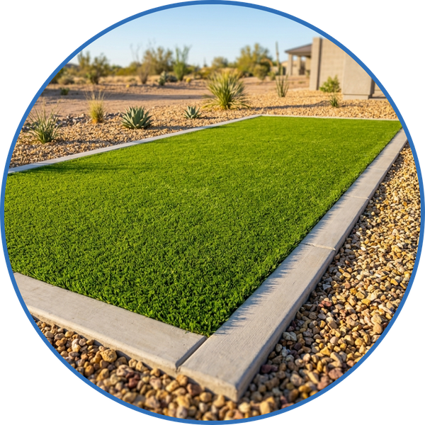 Clean and lush artificial turf installation surrounded by desert landscaping.