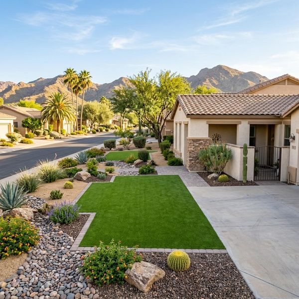 xeriscaped yard with artificial turf in Sun City