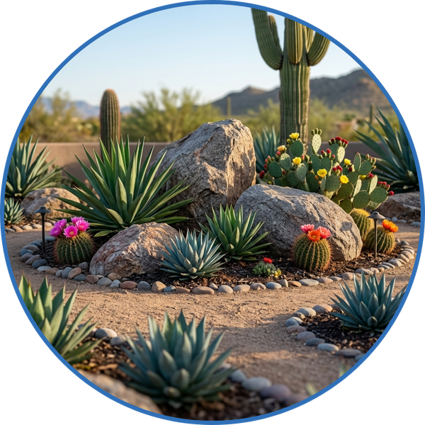 Beautifully designed desert garden with boulders, agave, and flowering cacti. 
