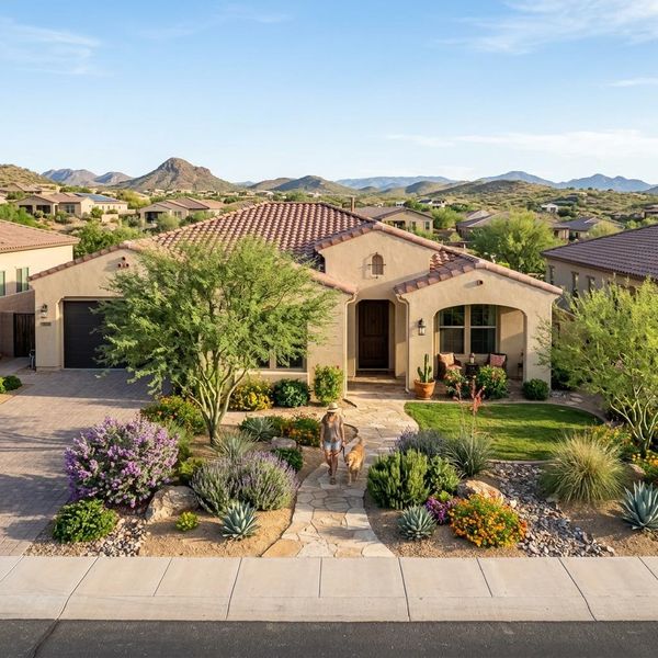 a suburban home in Fountain HIlls with a nicely landcsaped front yard