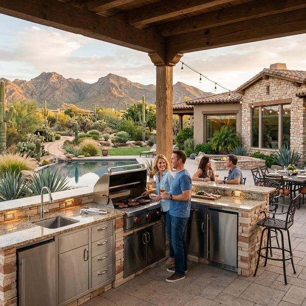 an outdoor kitchen in a backyard of a house in Fountain Hills, Arizona