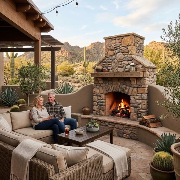 outdoor living area with a built-in fireplace in Cave Creek