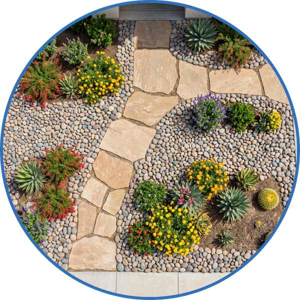 Xeriscaped front yard with bright desert flowers and river rocks.