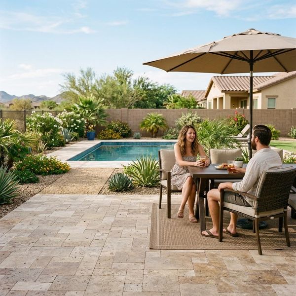 backyard in El Mirage with travertine patio