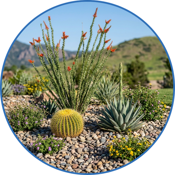 Colorful and thriving desert plants landscaped in decorative rock.