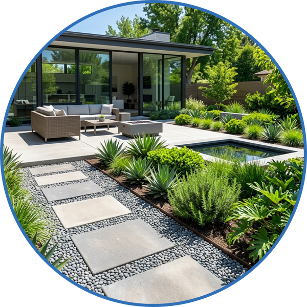 Custom backyard landscape design featuring lush shrubs and decorative gravel