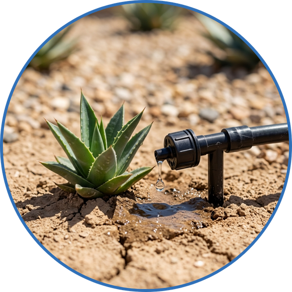 Drip irrigation system watering a new desert plant to conserve water. 