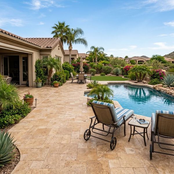 Sun City backyard with travertine patio