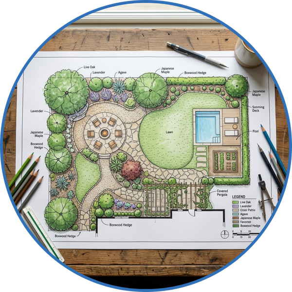 Detailed landscape design architectural plans for an outdoor space.