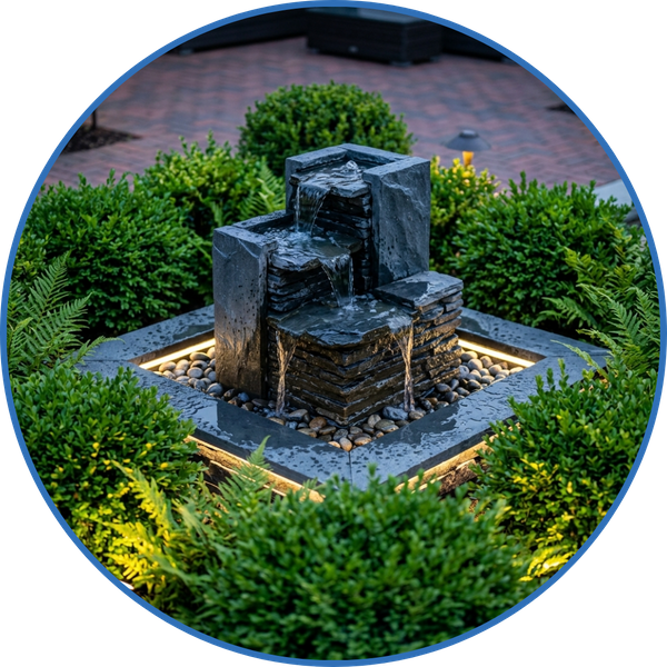 Modern stone water fountain surrounded by lush greenery in a residential backyard.