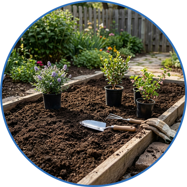 Garden bed prepared for planting with native Arizona shrubs.