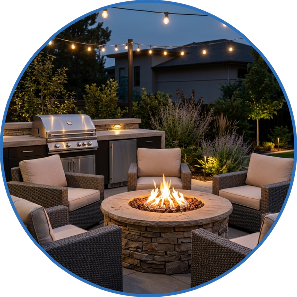 Custom outdoor kitchen and stone fire pit with seating in a luxury backyard. 