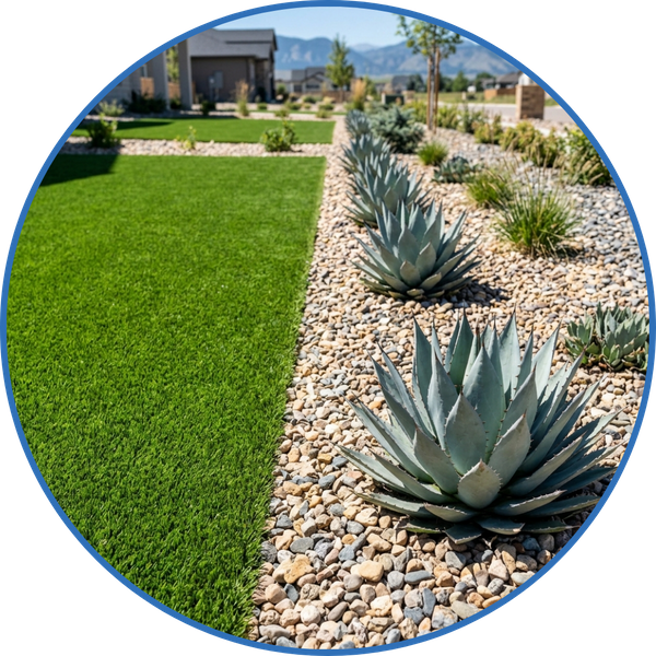 Low-maintenance artificial turf and drought-tolerant desert plants