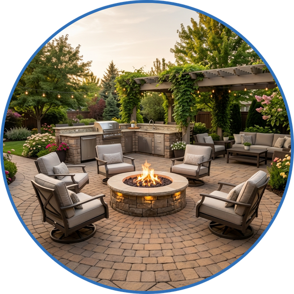 Luxurious outdoor living space with paver patio, fire pit, and outdoor kitchen.