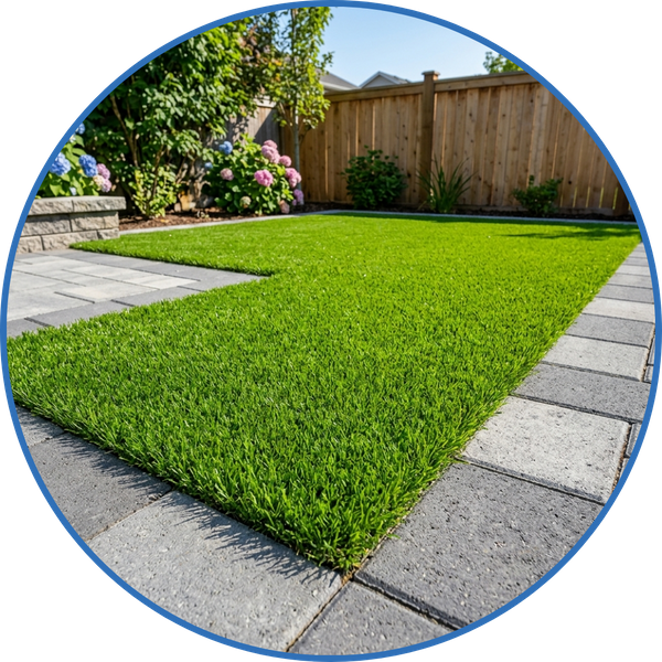 High-quality artificial turf installed next to modern paver stones. 