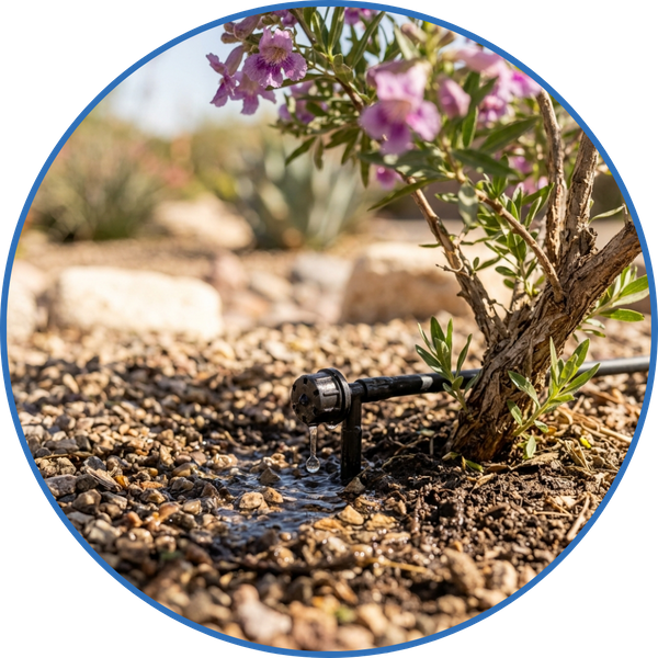 Drip irrigation system watering a desert shrub.