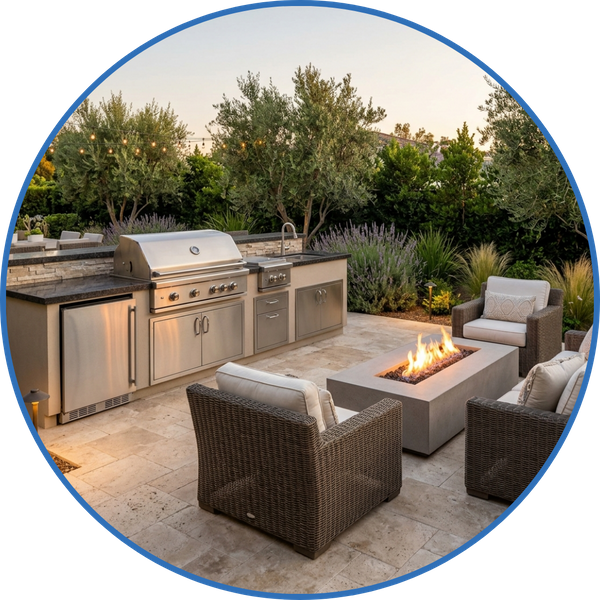 Custom outdoor kitchen and fire pit designed for backyard entertaining