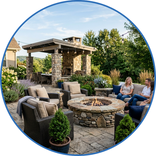 Custom paver patio with a built-in stone fire pit and comfortable outdoor seating.