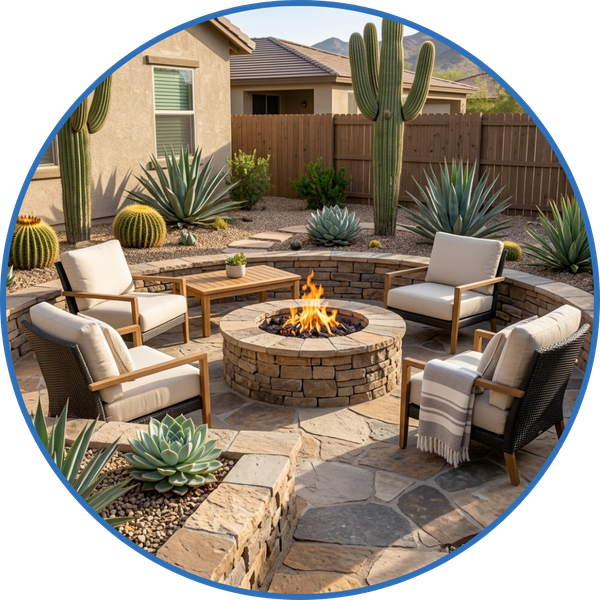 Outdoor stone fire pit area with seating on a paver patio.