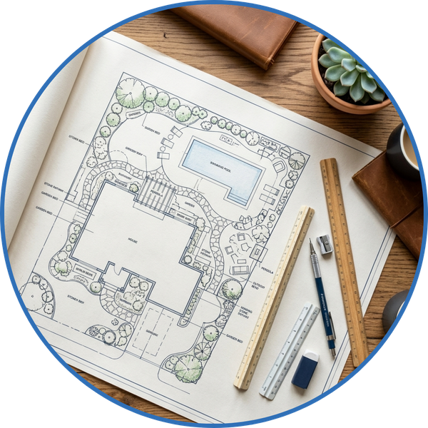 Top-down view of landscape design blueprints with drafting tools.