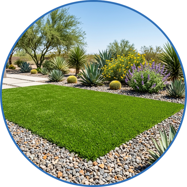 Lush green artificial turf blended with low-water desert landscaping and decorative gravel.