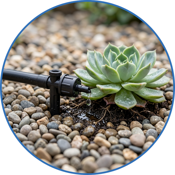 Drip irrigation system watering a green succulent plant.