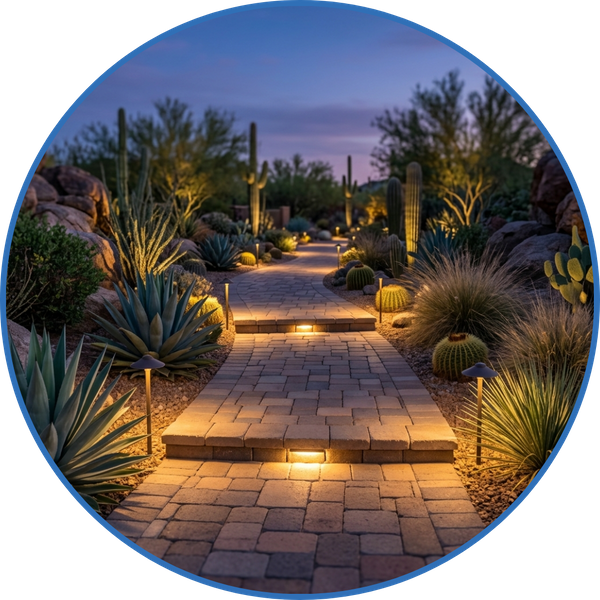 Garden walkway safely illuminated by warm LED landscape lights at dusk.