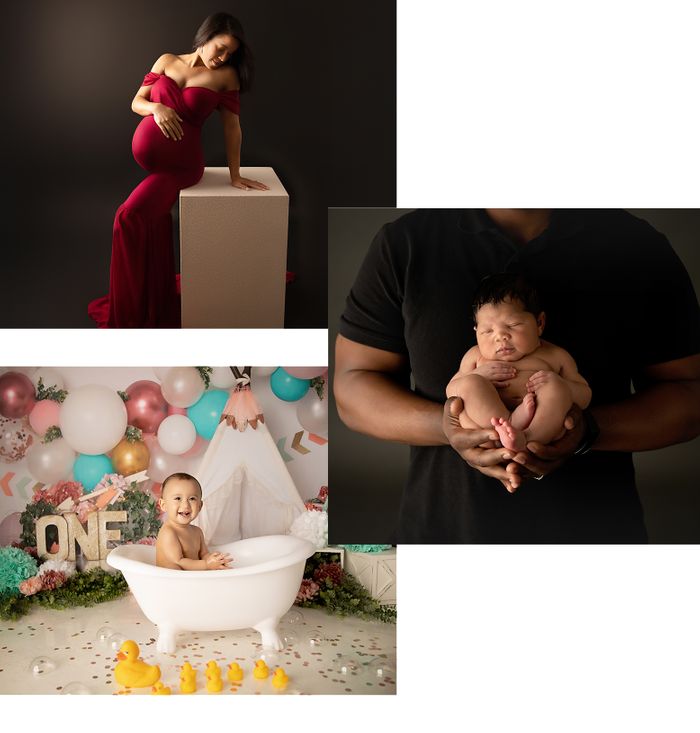 maternity photoshoot in red dress - Christiana TN, newborn baby held by dad - Kelly Saxon Photography, first birthday bath photo - Rutherford County TN