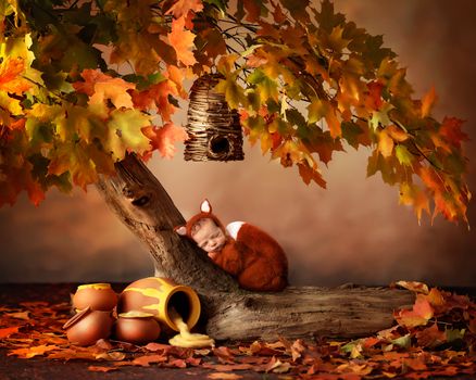 Newborn baby dressed in a woodland outfit surrounded by autumn leaves during a fall-themed newborn session by Kelly Saxon Photography, professional newborn photographer on Murfreesboro, Tennessee Autumn Woodland Newborn Portrait - Kelly Saxon Photography