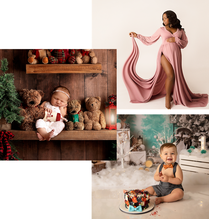 Photography collage featuring a maternity portrait, newborn baby portrait and first birthday smash cake session by Kelly Saxon Photography near Murfreesboro, Tennessee. Maternity Newborn and Milestone Photographer Murfreesboro TN