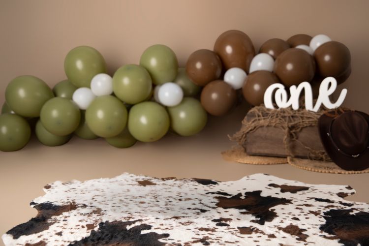 Rustic western cake smash balloon setup for first birthday photos
