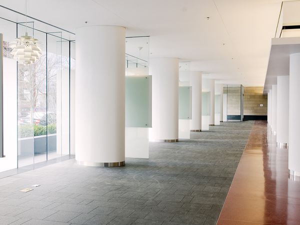 A clean office hallway.