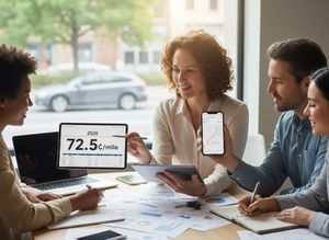 A team of business professionals collaboratively reviews mileage cost data on a tablet and a route map on a smartphone during a meeting. Business Professionals Reviewing Financial Data and Mobile App