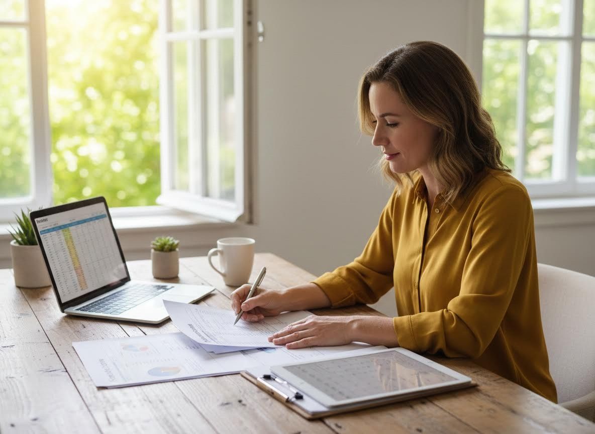 Woman working at a wooden desk by a window