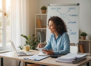 A smiling woman in a blue shirt uses a tablet at a desk with a laptop, calculator, and financial chart. Bright light from a window fills the room. Woman working on financial planning at a desk