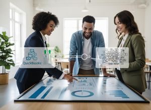 Three smiling business professionals use an interactive table to analyze data, with QuickBooks shown simplifying complex financial information. QuickBooks Streamlining Business Data for Collaboration