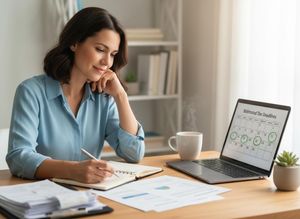 A thoughtful woman in a blue shirt writes notes at her desk with a laptop displaying a tax deadline calendar and a steaming mug. Woman Planning Estimated Tax Deadlines