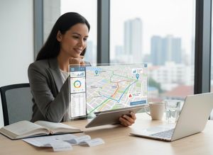 A smiling woman in a grey suit views a transparent screen with a map, routes, and data charts in an office setting. Businesswoman interacting with transparent display showing map and data