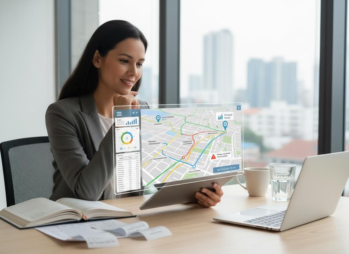 Businesswoman interacting with transparent display showing map and data