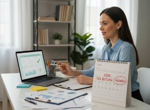 A focused professional woman reviews financial data on her laptop screen, with a calendar on her desk showing "2026 TAX RETURN PREPARED". Woman Preparing 2026 Tax Return on Laptop