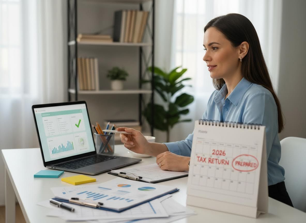 Woman Preparing 2026 Tax Return on Laptop