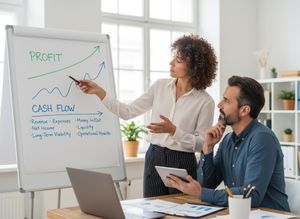 A businesswoman explains a whiteboard chart detailing 'PROFIT' and 'CASH FLOW' metrics with graphs to a male colleague holding a tablet. Business professionals analyzing financial performance