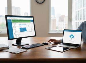A person uses a desktop monitor showing business software, a laptop with QuickBooks Online, and a tablet at a modern office desk. Person working with business software on multiple screens