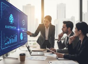 A business professional presents data on AI automation and human insight on a large screen to two attentive colleagues in a modern office. Business Team Presentation on AI Automation and Human Insight