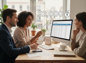 Three professionals collaboratively reviewing financial data on a computer screen and tablet, featuring a $2,000 growth graphic and a 2026 calendar. Business Team Analyzing Financial Growth Projections
