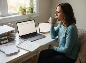 A woman sips coffee while working at her home office desk with a laptop, tablet showing a calendar, and a '2026 EOY Checklist' notepad. Woman working at home office with coffee