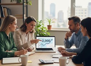 Four business professionals in an office meeting, reviewing growth charts and data on a laptop. One woman points at the screen while colleagues listen. Business Team Reviewing Growth Data