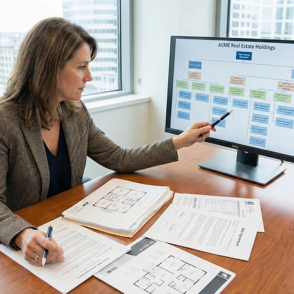 a real estate professional reviewing organizational charts and property documents